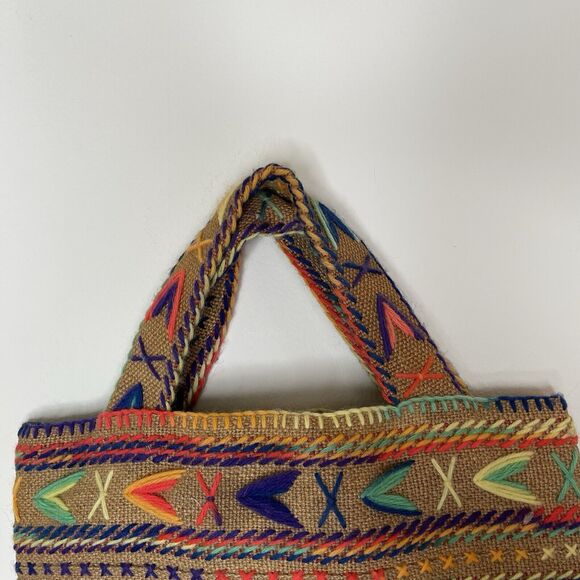 Vtg Handmade Woven Colorful Burlap Market Tote Bag Purse Boho Hippie Artsy - Picture 2 of 6